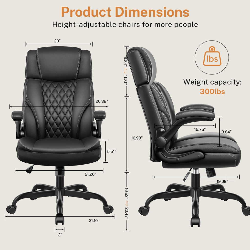 Office Chair Flip Up Arms, Executive Leather Office Chair Ergonomic Desk Chair with Lumbar Support, Adjustable Headrest, Computer Chair Home