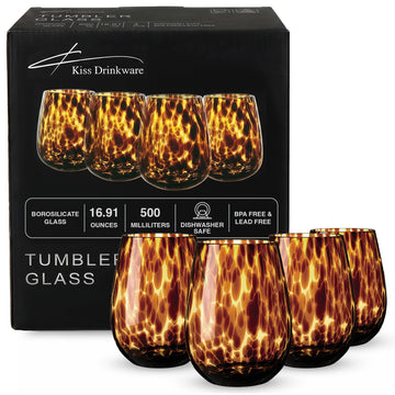 Joseph Sedgh Collection Tortoise Shell Stemless Wine & Water Glass Set of 4 – 16.91 oz Borosilicate Tumblers – Durable, Lead-Free, Dishwasher Safe – Gift Box Packaged