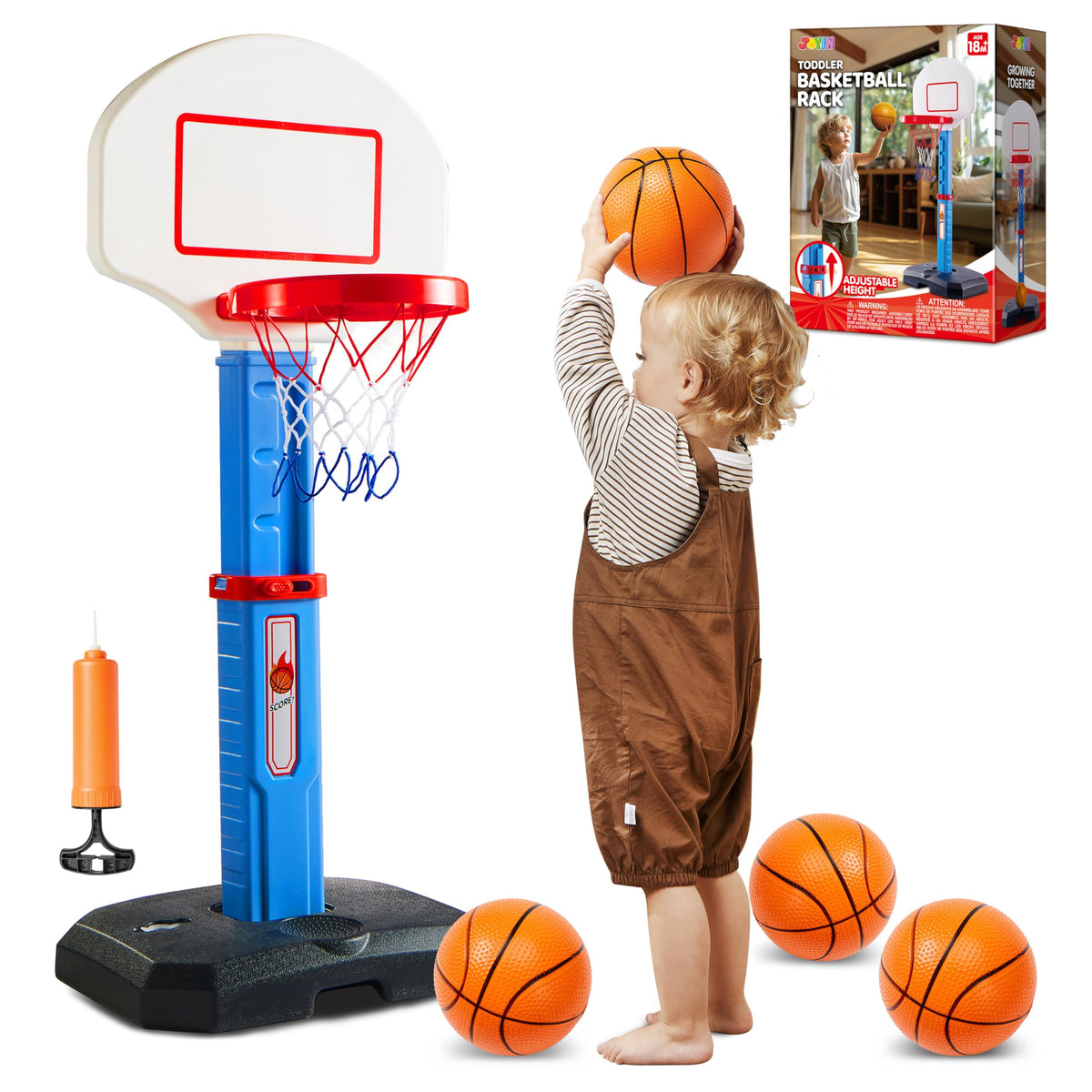 JOYIN Toddler Basketball Hoop Indoor, Adjustable Basketball Goal for Kids with 4 Balls, Game Toys for Playroom Pool Outdoor, Birthday Gift for Baby Boys Girls Age 1 2 3 4 - Air Pump Included