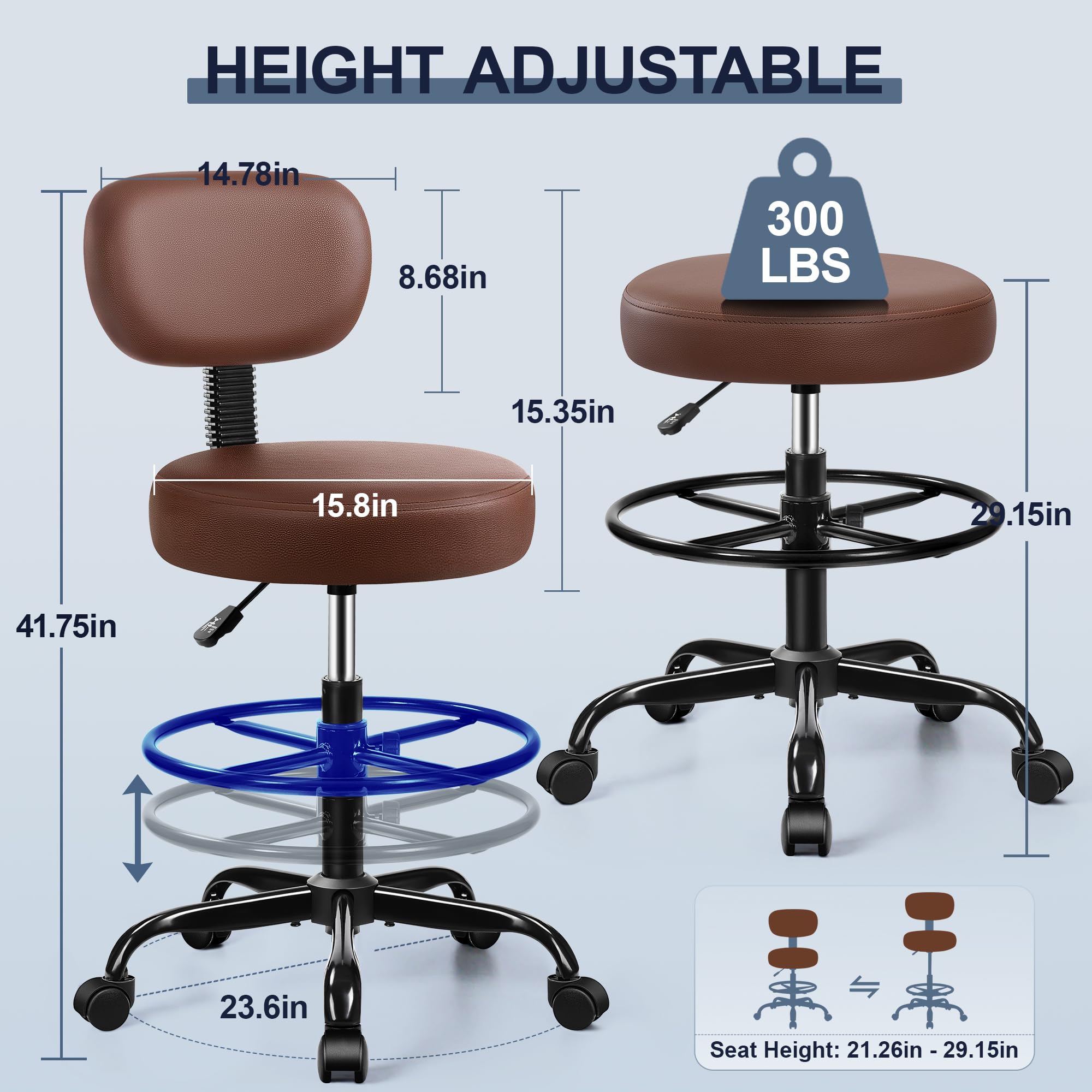Brick Attic Drafting Chair with Backrest – Adjustable Foot Rest Rolling Stool with Wheels, Pu Leather Swivel Stool for Office Spa Studio Lab