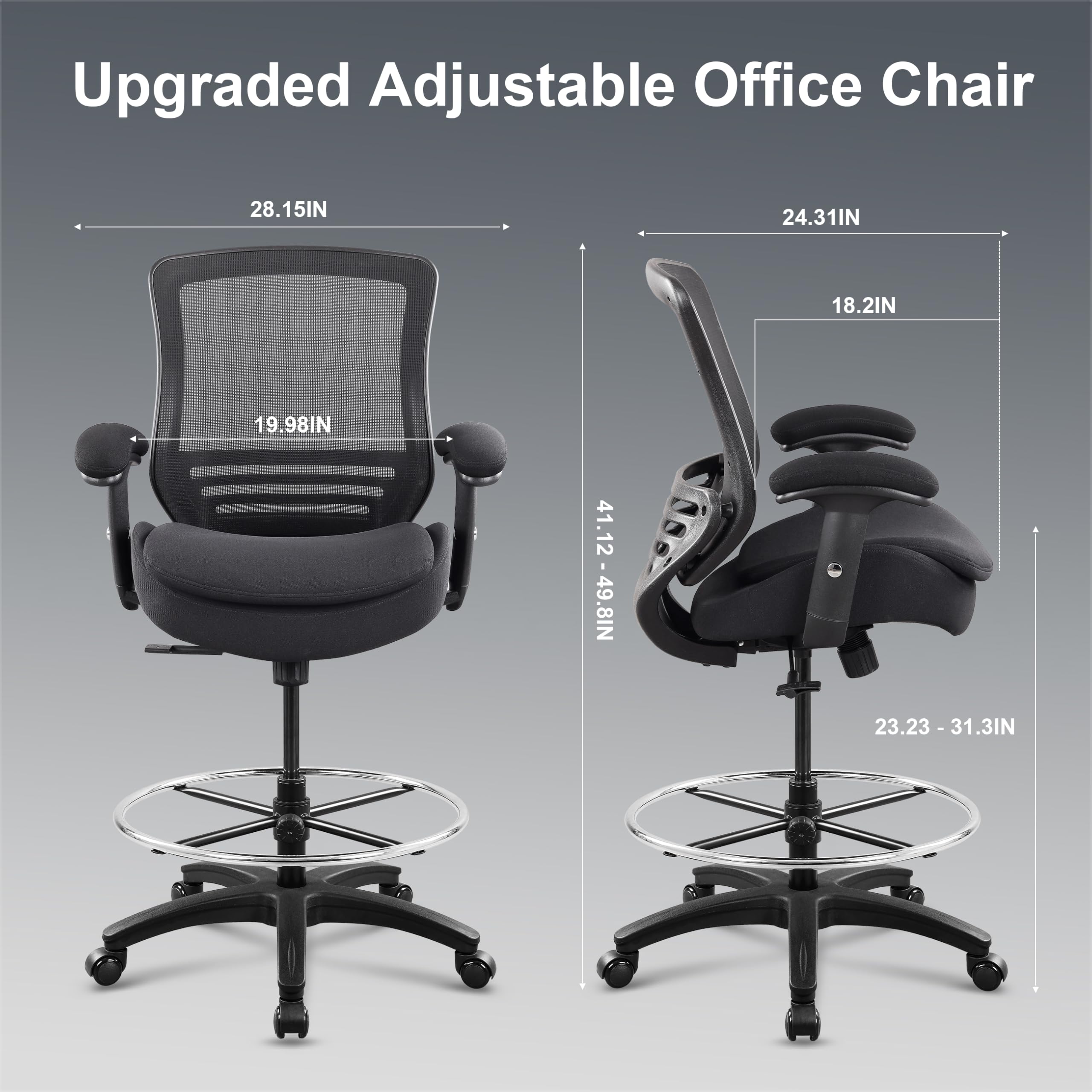 Wittlong 400lbs Wide Mid-back Office Drafting Chair with Extra Seat Cushion for High Standing Desk with Lumbar Support and Enlarged Adjustable