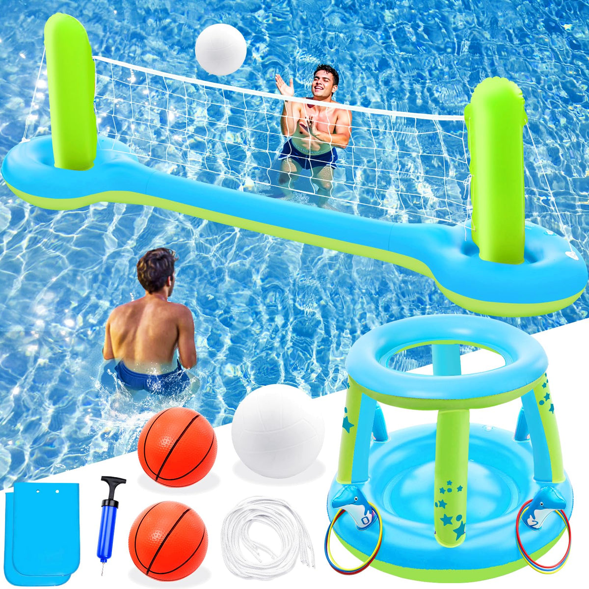 Jasonwell Pool Toys Games Set - 3 in 1 Pool Volleyball Net Basketball Hoop Ring Toss Game Inflatable Floats Water Floating Volleyball Swimming Pools Party Game Gift Kids Teens Adults (Blue&Yellow, L)