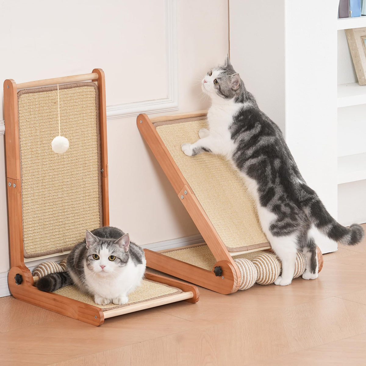 3 Transformable Shapes Cat Scratching Post - Adjustable L-Shape Sisal Scratcher with Multiple Fresh Fun Play Modes, 100% Natural Solid Beechwood& Sisal, Eco-Friendly Furniture Protector