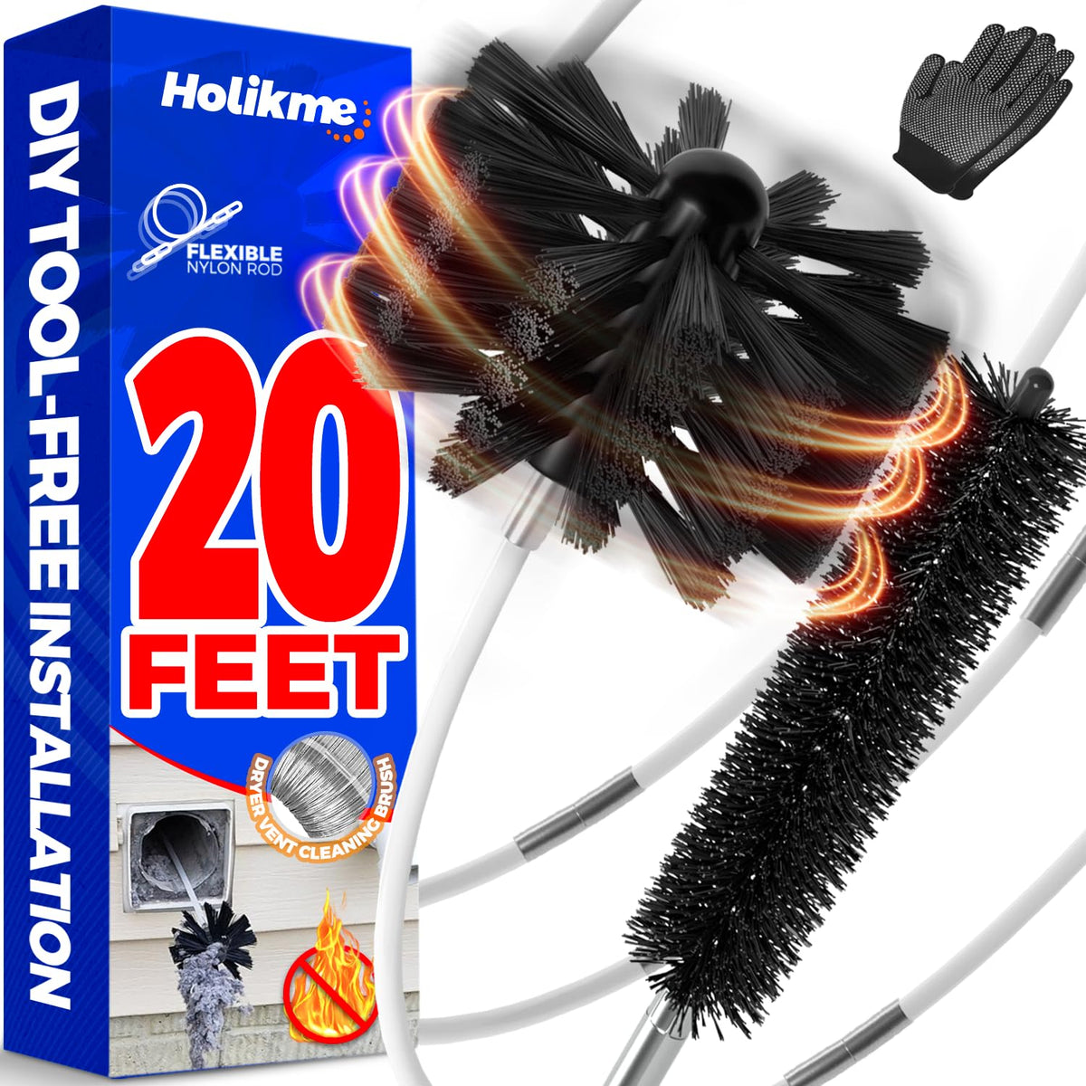 Holikme 20 Feet Dryer Vent Cleaner Kit, Flexible Lint Brush with Drill Attachment, Fireplace Chimney Brushes Extends Up to 20 Feet for Easy Cleaning, Use with or Without a Power Drill