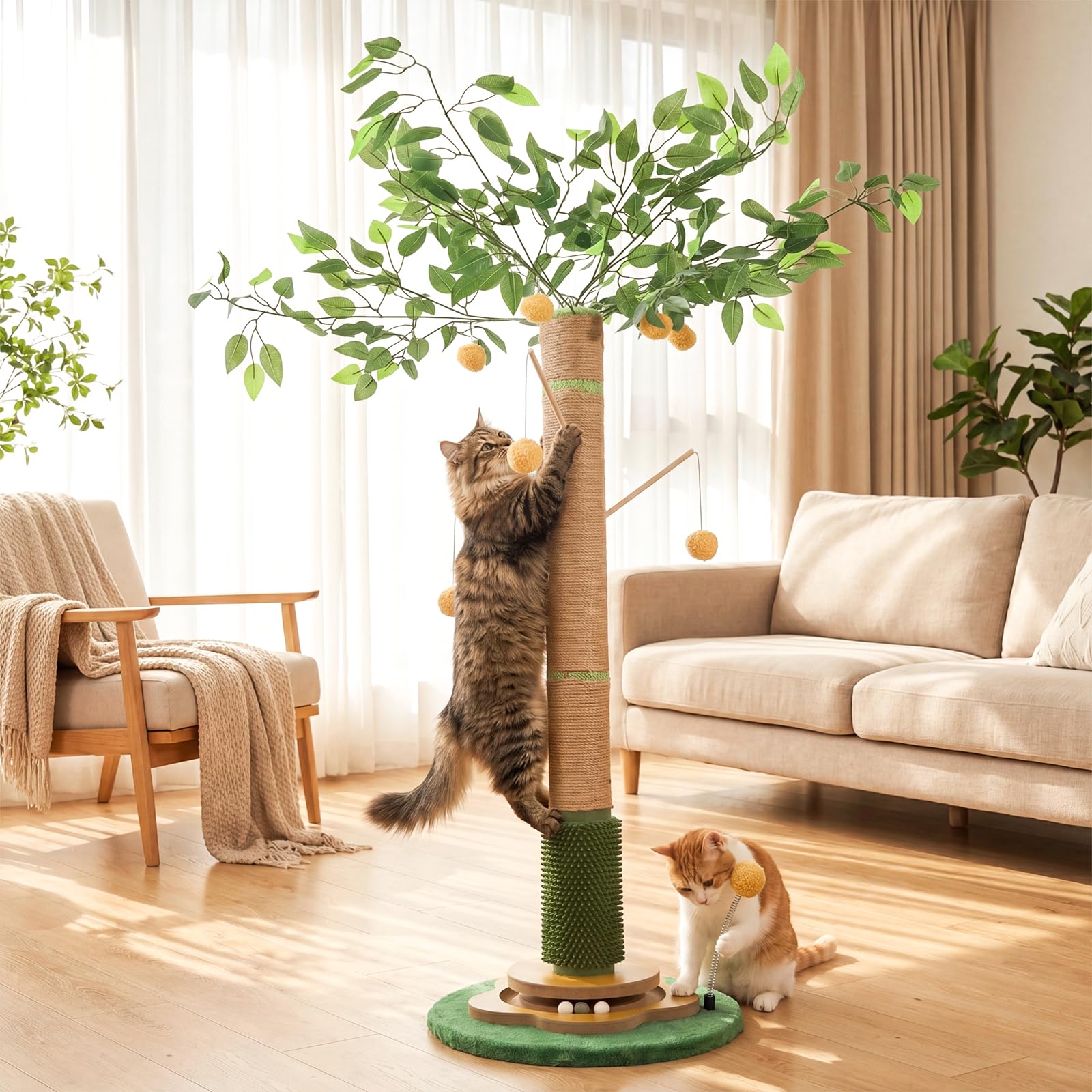 Tall Cat Scratching Post 51 Inch, Cat Scratching Post for Indoor Cats Adults, Sisal Cat Scratcher with Heavy Duty Stable Base & Hanging Toys & Self Grooming Brush for Kittens Medium Large Cats