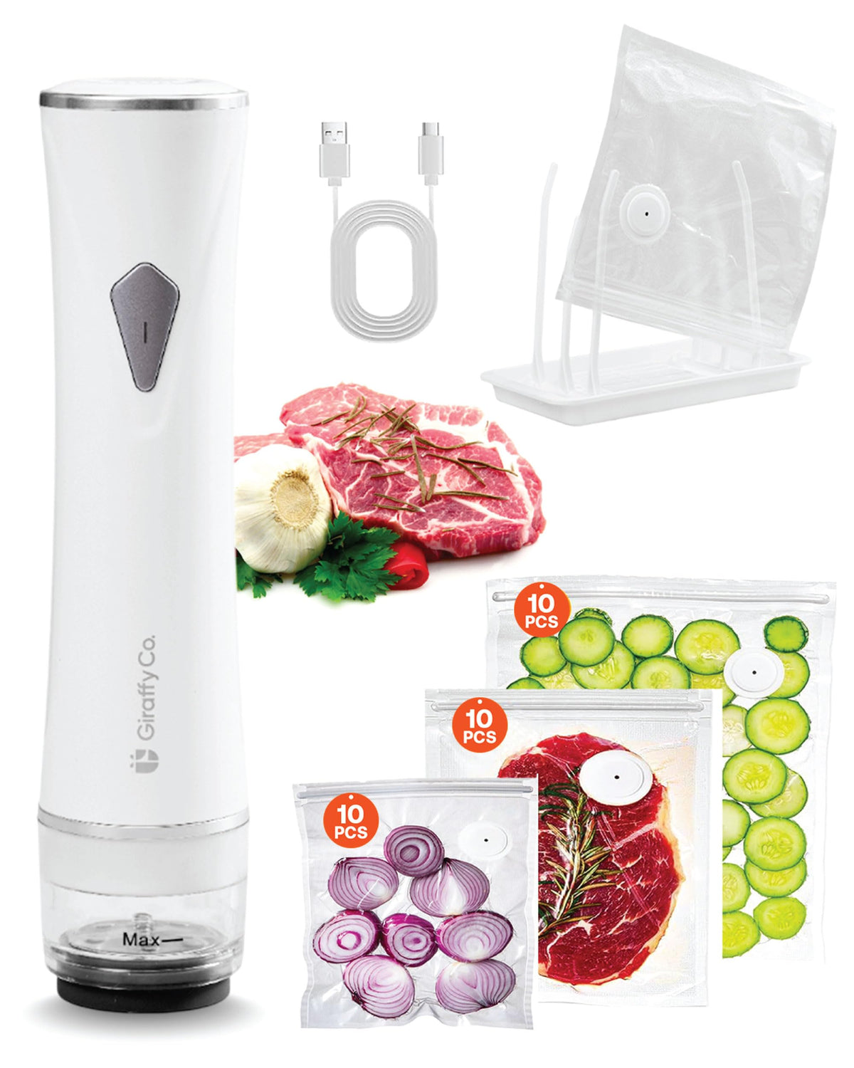 Vacuum Sealer Machine with Visible Water Tank, 30 Reusable Bags (S, M, L - 10 Each), Foldable Drying Rack, and Charging Cable – Compact & Powerful Handheld Food Sealer for Freshness