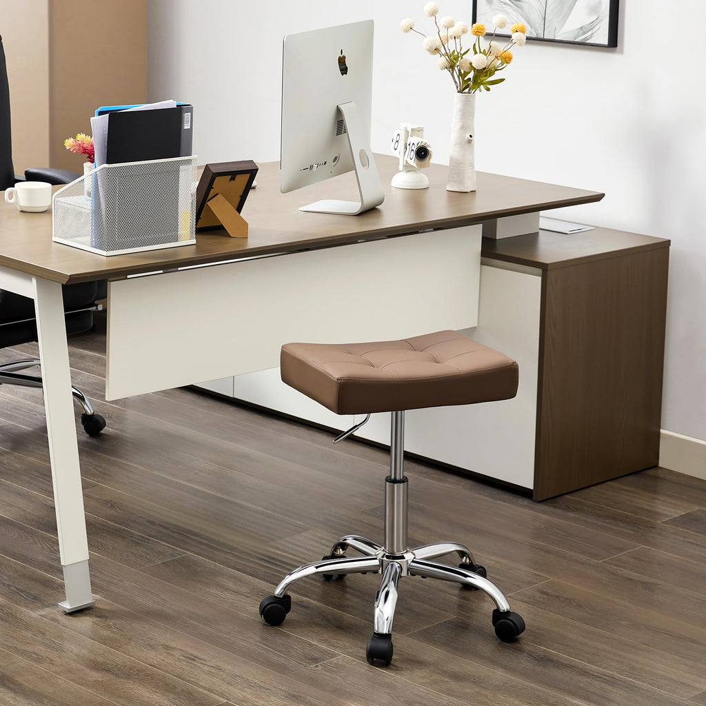 Firavoe Ergonomic Desk Stool with Wheels (adjustable Height 17"-21") (300lbs Capacity) Faux Leather Office Stool (coffee Brown)