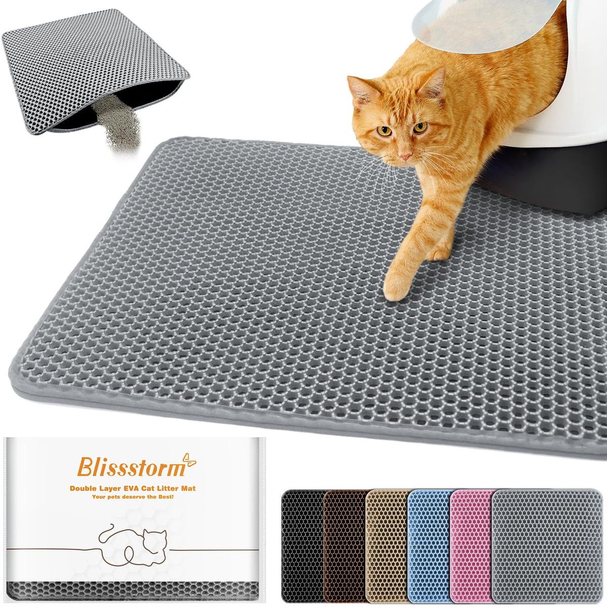 Waterproof Cat Litter Mat, Double Layer EVA, Odor-Free Large Grid, Urine Proof, Easy Cleanup (Gray, 12 x 18)
