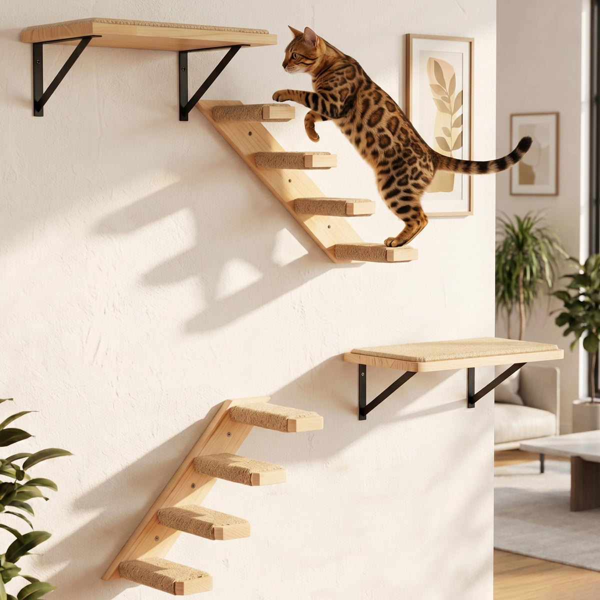 Cat Wall Furniture Set, 2PCS Cat Shelves & 2PCS 4 Steps Wall Shelves Stairs Tower Climbing Scratching Perches for Climbing Sleeping, Playing