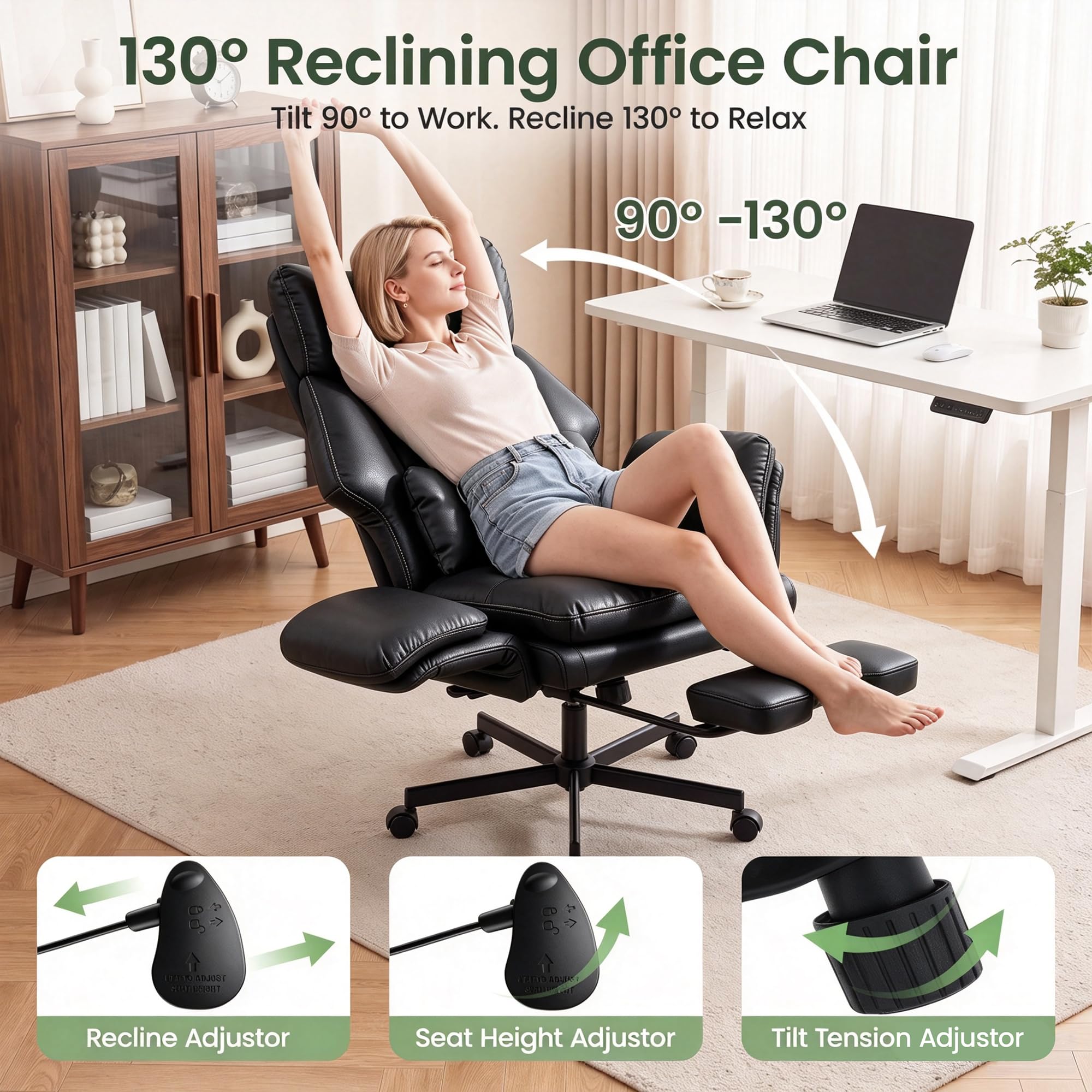 Criss Cross Chair with Footrest, Big and Tall Office Chair with Flip Arms, Pu Leather Balck