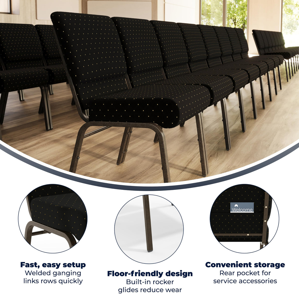 Flash Furniture 4 Pack Hercules Series 21''w Stacking Church Chair in Black Dot Patterned Fabric - Gold Vein Frame, Set of 4, Black Dot