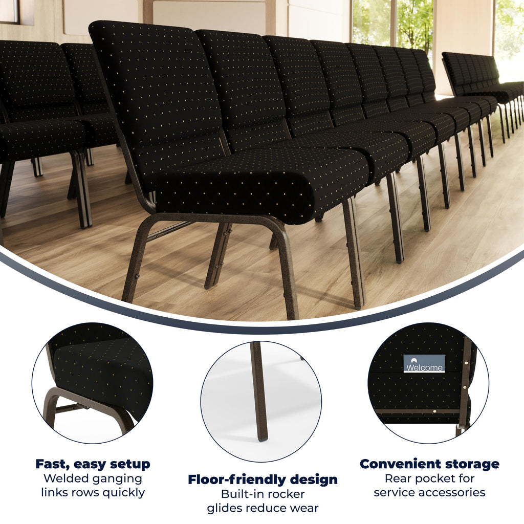 Flash Furniture Hercules Series 21''w Stacking Church Chair in Black Dot Patterned Fabric - Gold Vein Frame, Set of 1, Black Dot Patterned