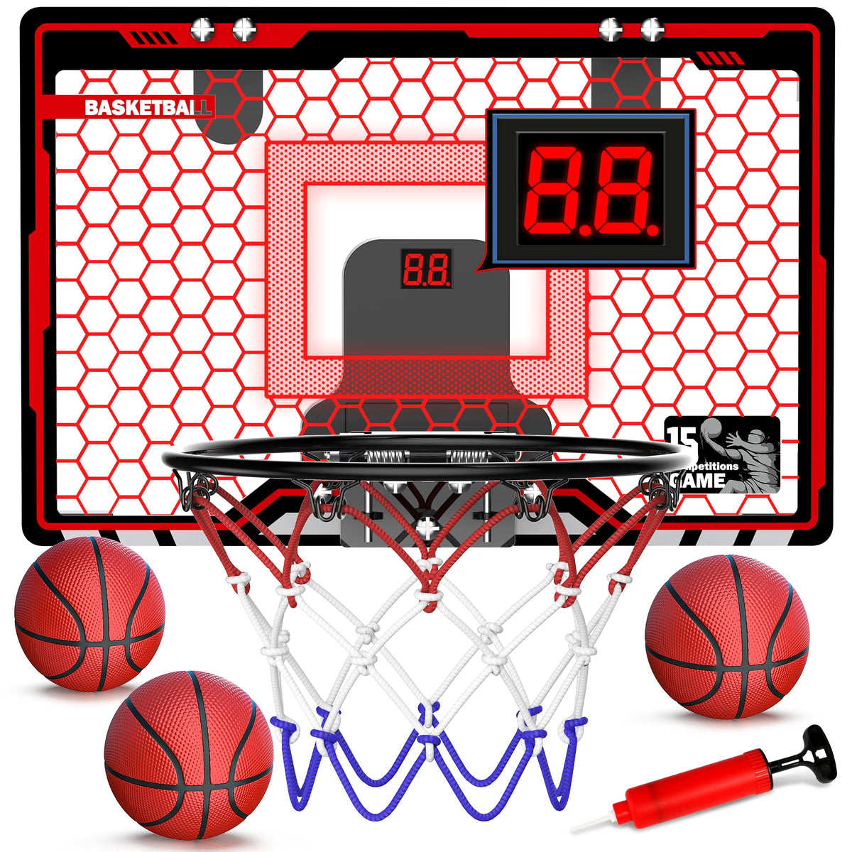 HopeRock Indoor Basketball Hoop for Kids, Over The Door Mini Basketball Hoops, with LED Light, Scoreboard, Birthday Toys Gifts for 5 6 7 8 9 10 11 12+ Year Old Boys