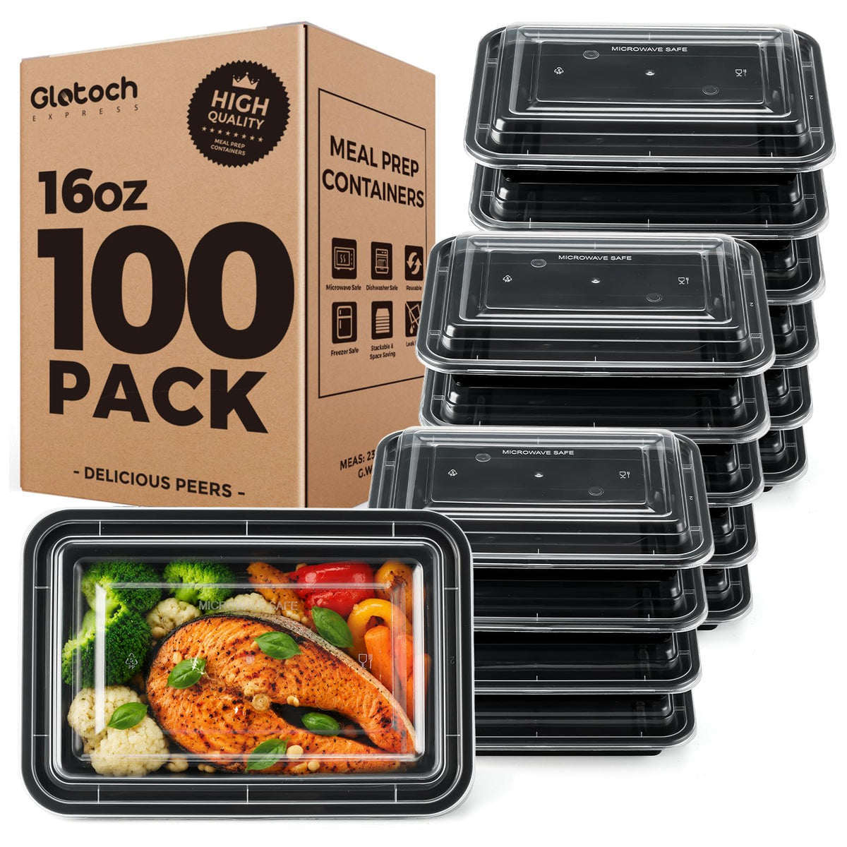 100 Pack (200-Piece) 16oz Meal Prep Containers with Lids Reusable Food Containers Leakproof & Microwave, Freezer, Dishwasher Safe Durable Plastic Storage Containers Bento Box for To Go Take Out Black