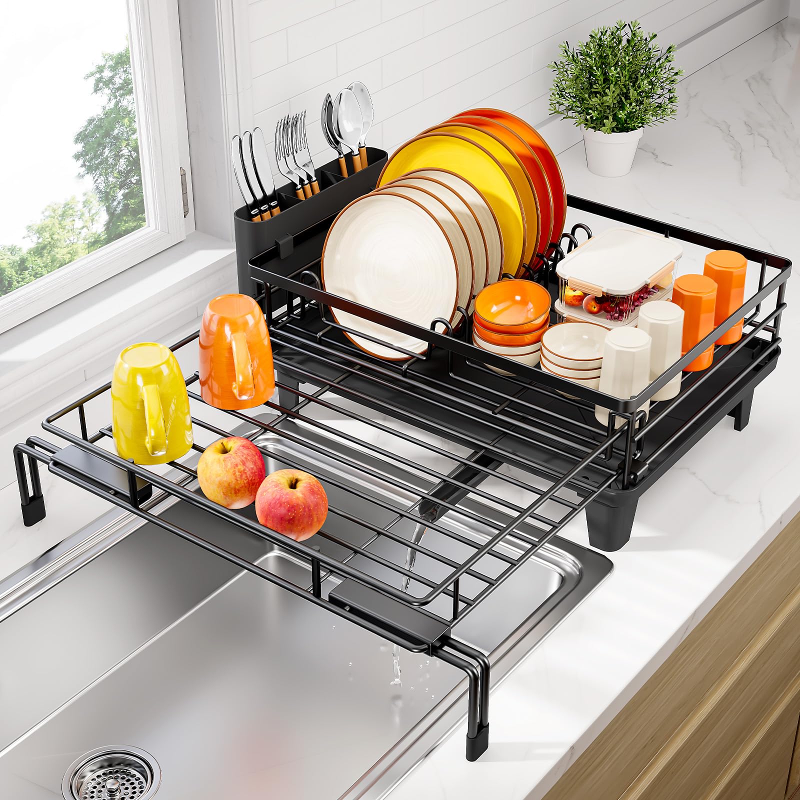 Urackify Dish Drying Rack - Large Dish Racks for Kitchen Counter, Extendable Sink Dish Drainer, Rustproof Dish Strainer with Utensil Holder, 1 Tier Black