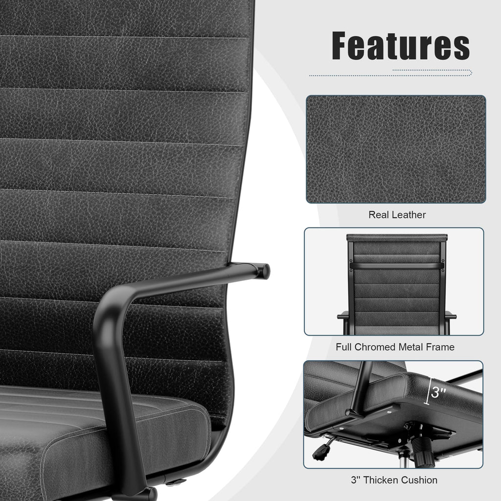Okeysen Genuine Leather Office Chair, Mid-century Modern Real Leather Conference Room Chairs, Ergonomic Executive Ribbed Height Adjustable