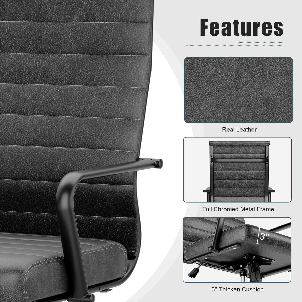 Okeysen Genuine Leather Office Chair, Mid-century Modern Real Leather Conference Room Chairs, Ergonomic Executive Ribbed Height Adjustable