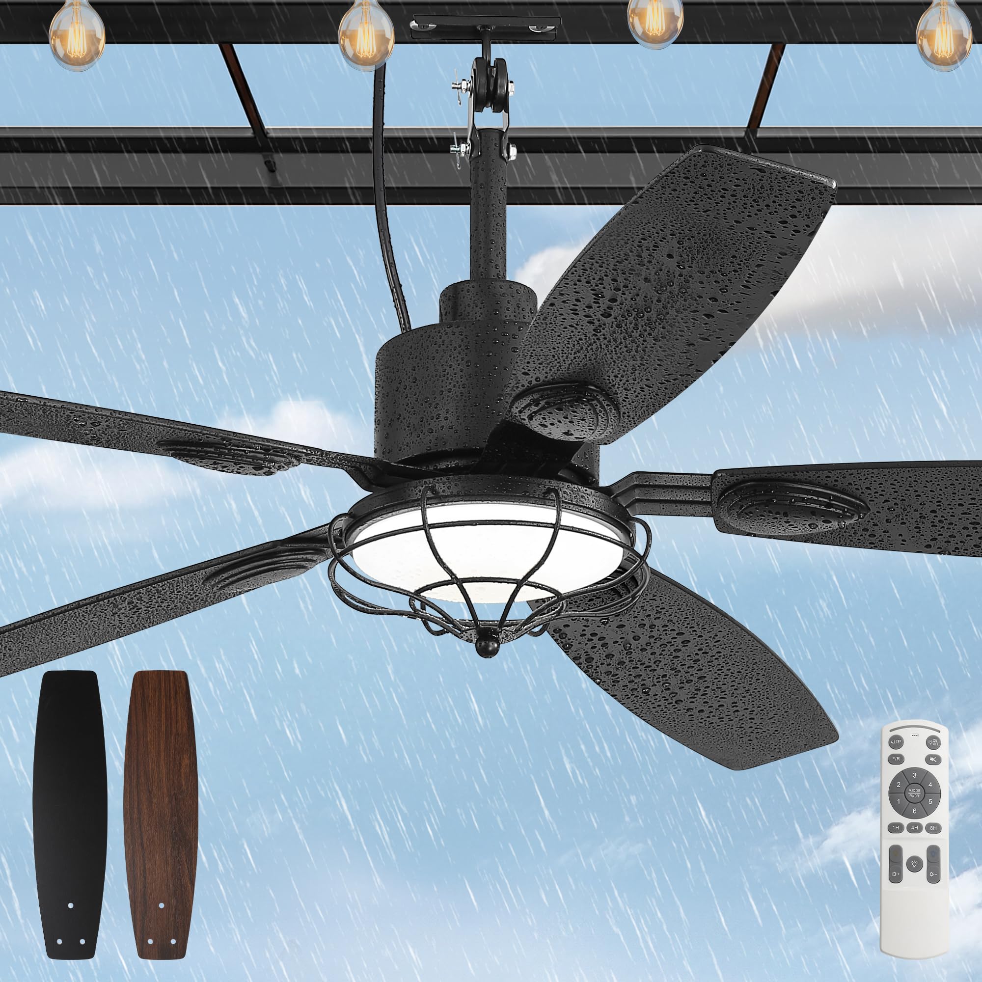 52" Outdoor Ceiling Fan with Lights, IP65 Waterproof Gazebo Fan with 3CCT Remote Control 6-Speeds Reversible DC Motor,Plug in Hanging Ceiling Fan for Patio Porch Pergola(Black)