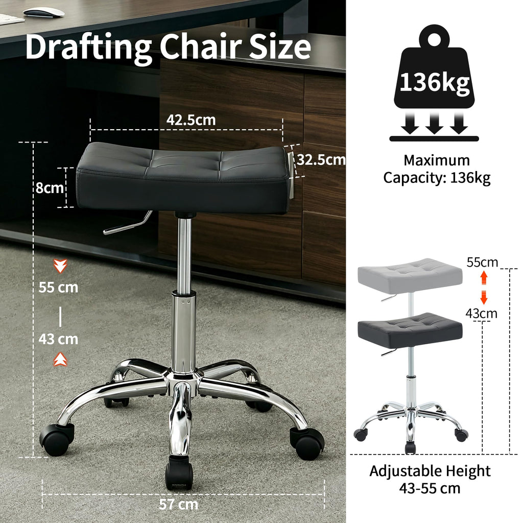 Firavoe Office Stool with Wheels (300lbs Capacity) (adjustable Height 17-21 Inch) Black Faux Leather Workbench Stool (black)