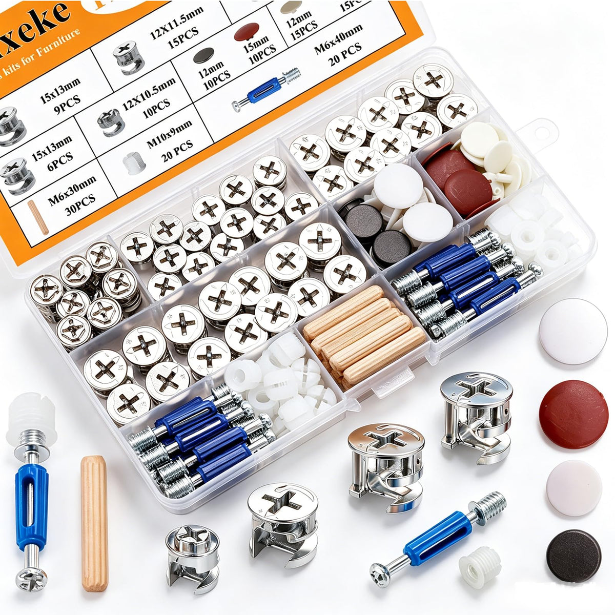 170PCS Cam Locks for Furniture,3-in-1 Eccentric Hardware Wheels,Furniture Fasteners & Connectors with Multi-Size Nuts,Bolts and Wood Dowel Pins-Assortment Kit for Furniture Assembly/Repair