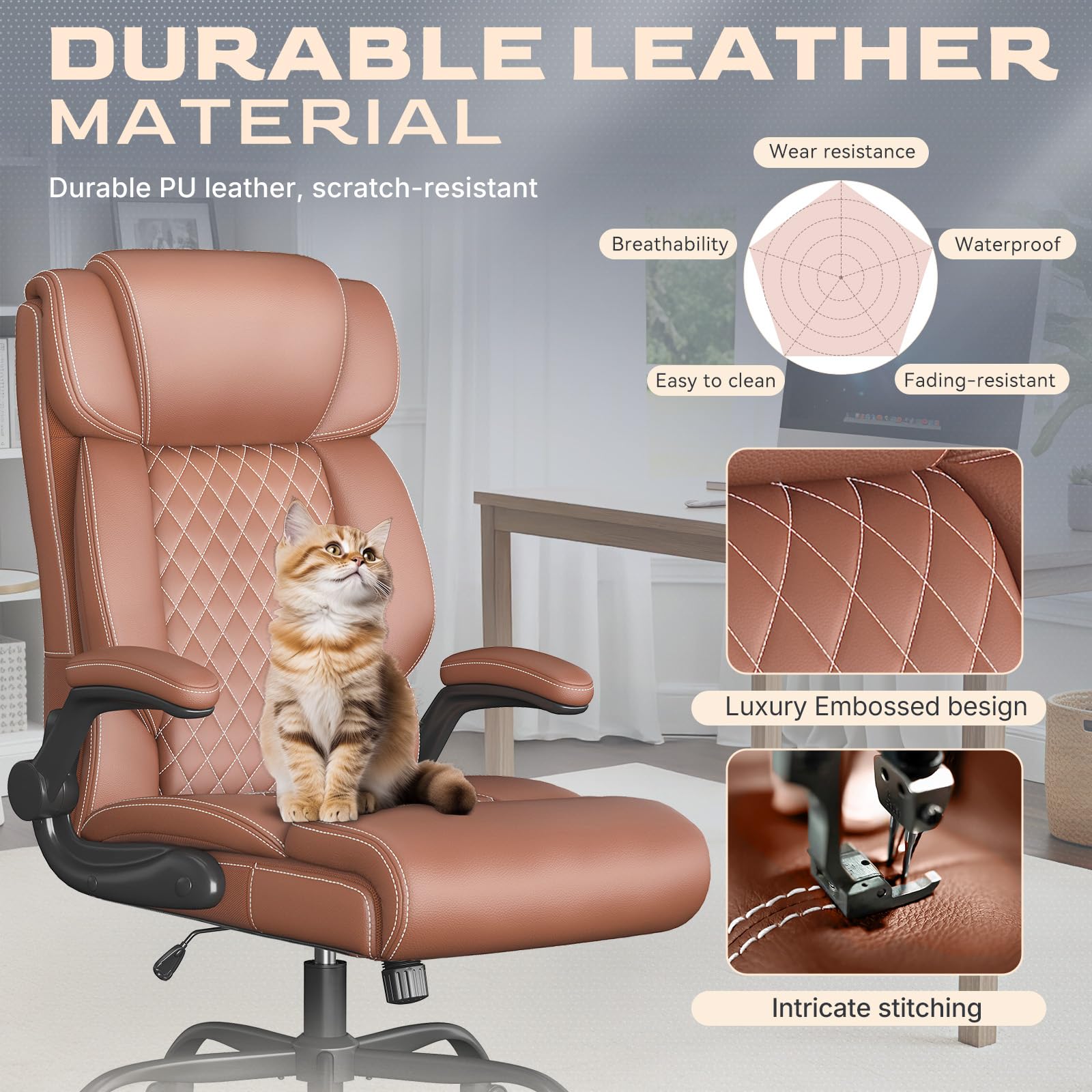 Cyzena Office Chair-executive High Back Breathable Big and Tall Office Chair Flip-up Armrests Lumbar Support-ergonomic Leather Rolling Swivel