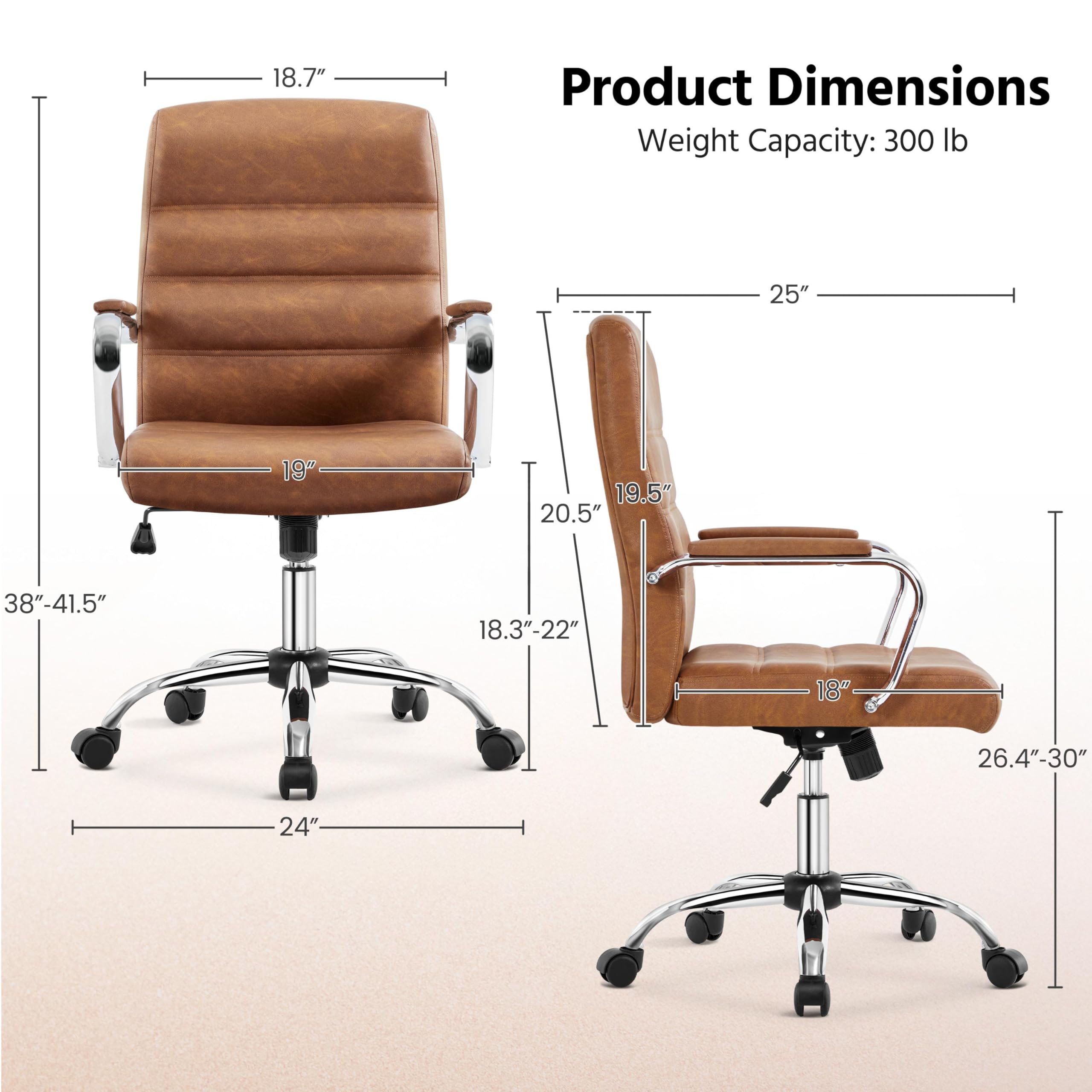 Yaheetech Retro Brown Office Chair Pu Leather Rocking Desk Seat with Arms, 24? W × 25? D × (38-41.5)? H