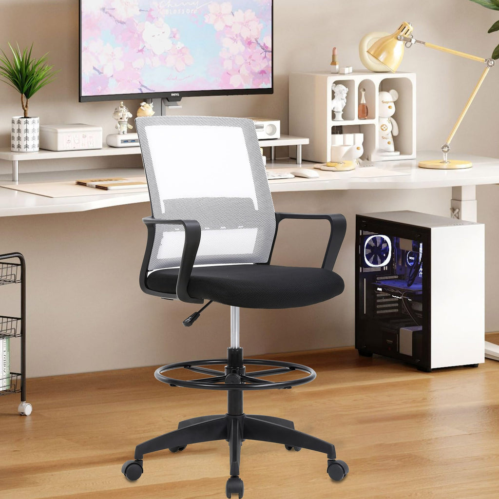 Bestoffice Drafting Chair Tall Office Chair Adjustable Swivel Rolling Mesh Height with Lumbar Support Arms Footrest Mid Back for Adults