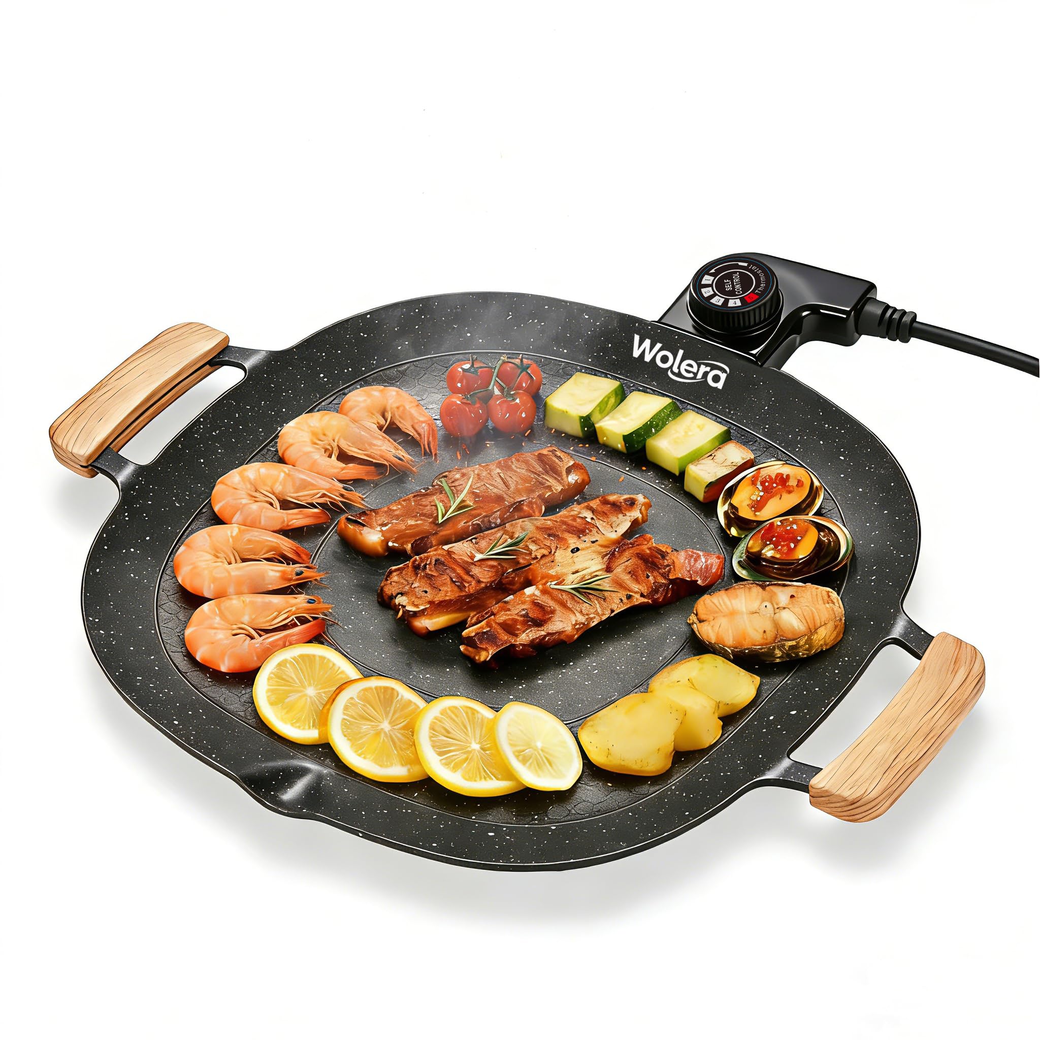 Smokeless Indoor Electric BBQ Grill with Wooden Handles – Adjustable Temp Nonstick Griddle, Perfect for Steak, Pancakes & Low-Fat Meals, Easy to Clean & Dishwasher Safe