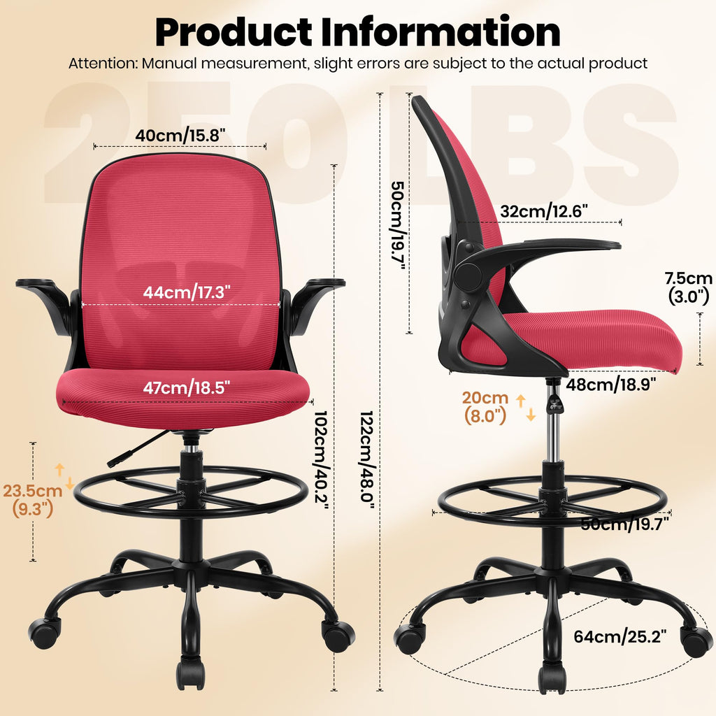 Primy Drafting Chair Tall Office Chair with Flip-up Armrests Executive Ergonomic Computer Standing Desk Chair with Lumbar Support and