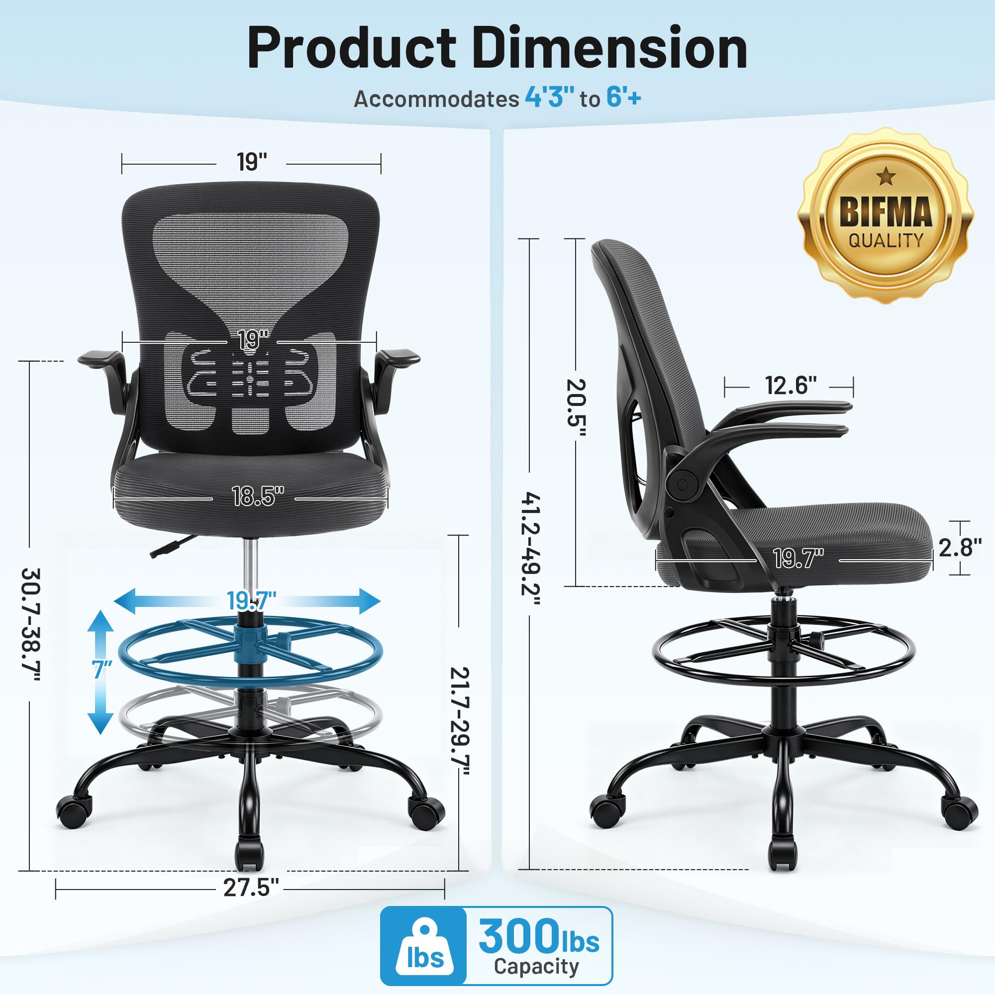 Hayelf Drafting Chair for Standing Desk, Tall Office Chair with 22"-30" Seat Height &7" Lift Footrest Ring, Ergonomic Executive Mesh Computer