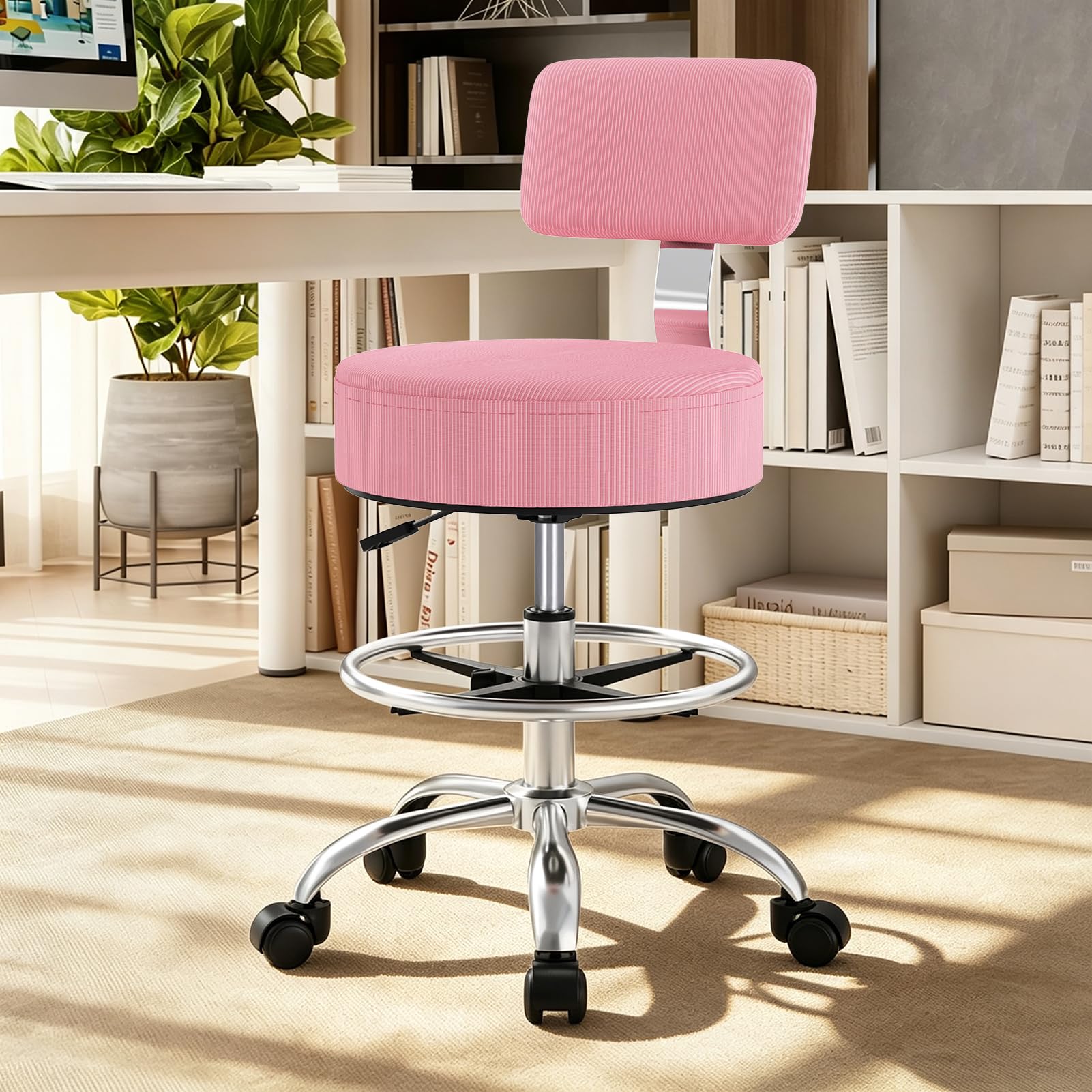 Freekyrock Office Drafting Chair with Footrest, Tall Height Adjustable Stool with Back Support, Heavy Duty Rolling Stool Chair with Wheels for