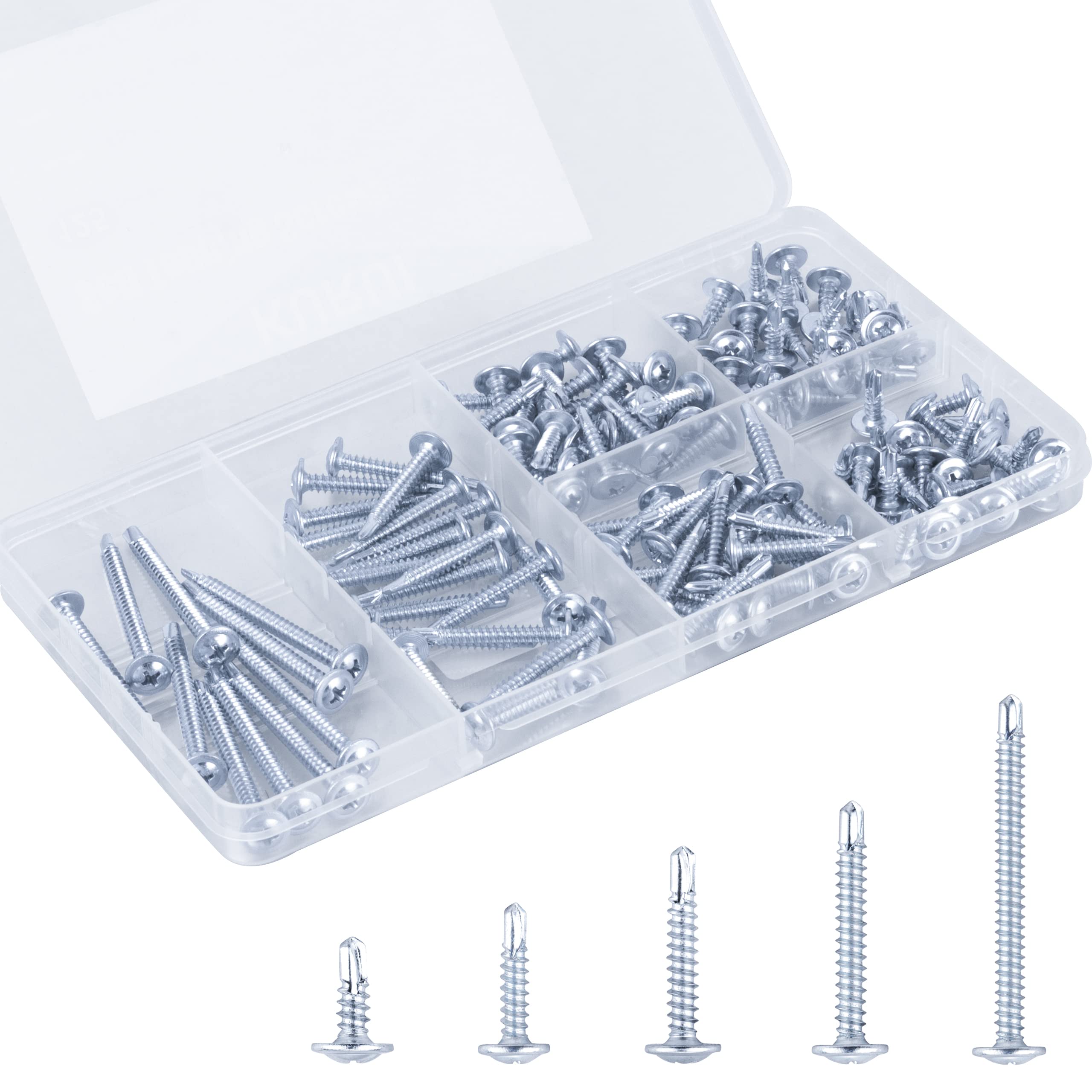 KURUI Self Tapping Screws Assortment Kit, #8 sheet metal screws for Metal Wood & plastic, 125Pcs Galvanized Phillips Truss Head Self Drilling Screws in 5 Sizes (1/2, 3/4, 1-1/4, 1in, 2in)