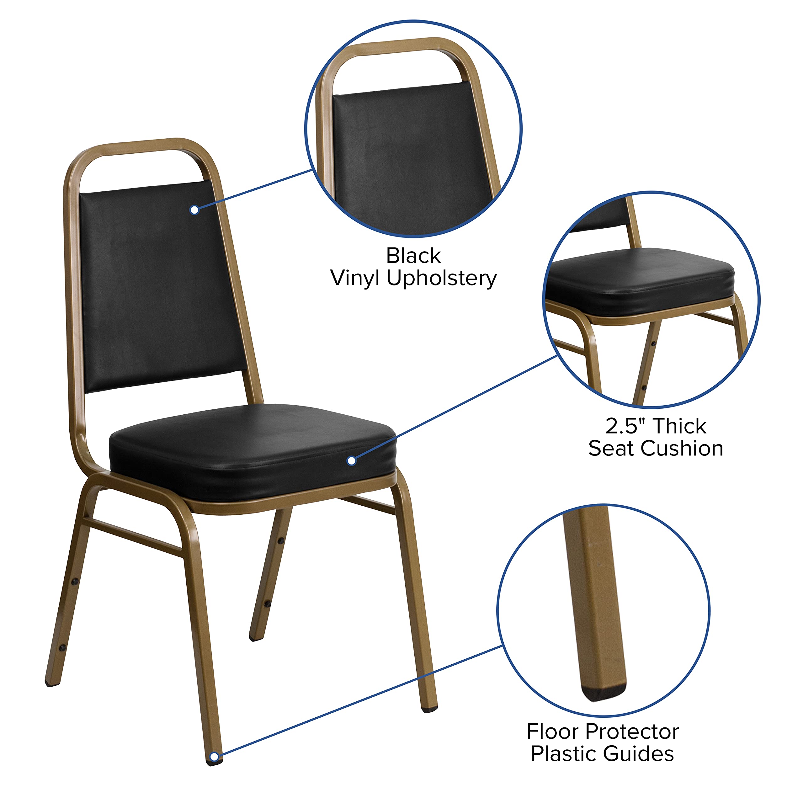 Emma + Oliver Black Vinyl Trapezoidal Back Stacking Banquet Chair, 17.5"W x 20.25"D x 36"H, Black Vinyl/gold Frame