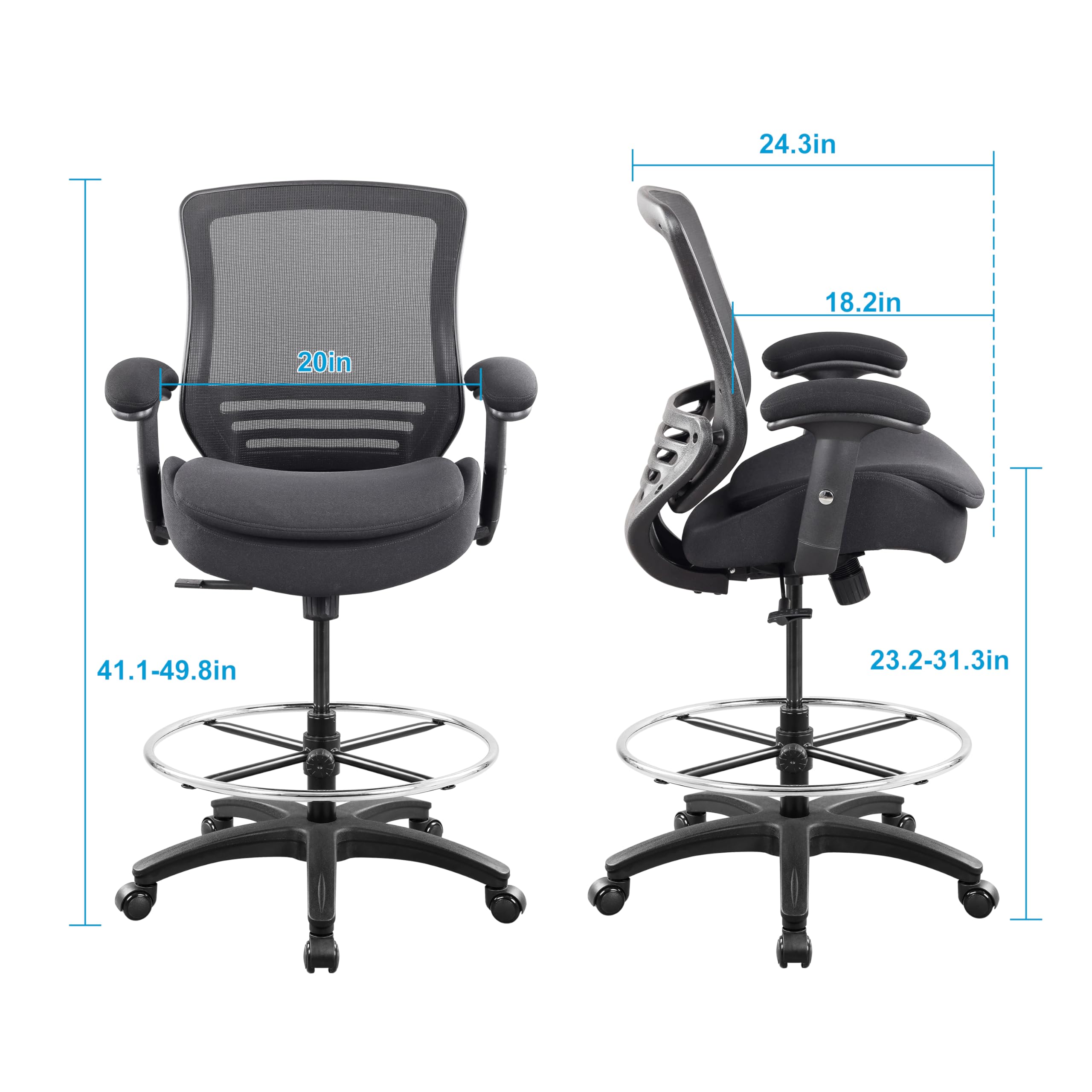 Boliss 400lbs Ergonomic Office Drafting Chair Mid Mesh Back for Height Adjustable Desk 21inch Foot Ring Height Adjustable Armrest (black) ?