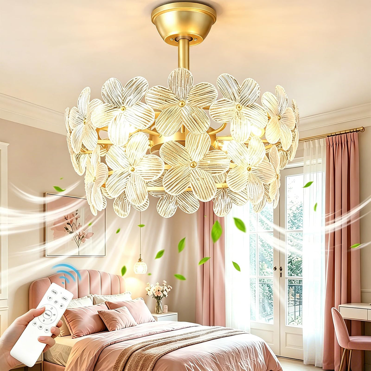 Gold Chandelier Ceiling Fan: 20" Flower Crystal Fandeliers Ceiling Fans with Lights Remote Control - Caged Mid-Century with 6 Speeds for Girls Bedroom Nursery Living Room