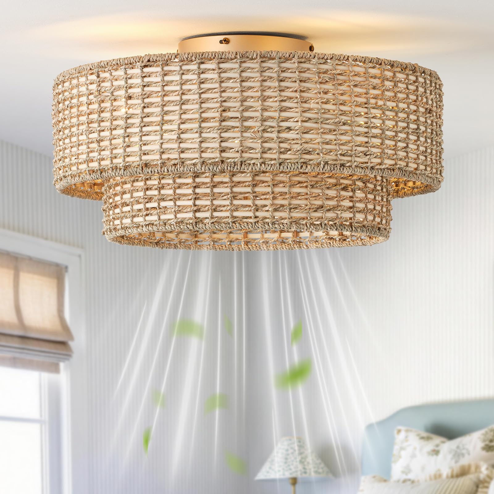 20" Boho Fandelier Ceiling Fans with Lights, Rattan Caged Low Profile Ceiling Fan with Lights and Remote Control, Farmhouse Bladeless with 6 Speeds for Bedroom Kitchen, Gold Flush Mount