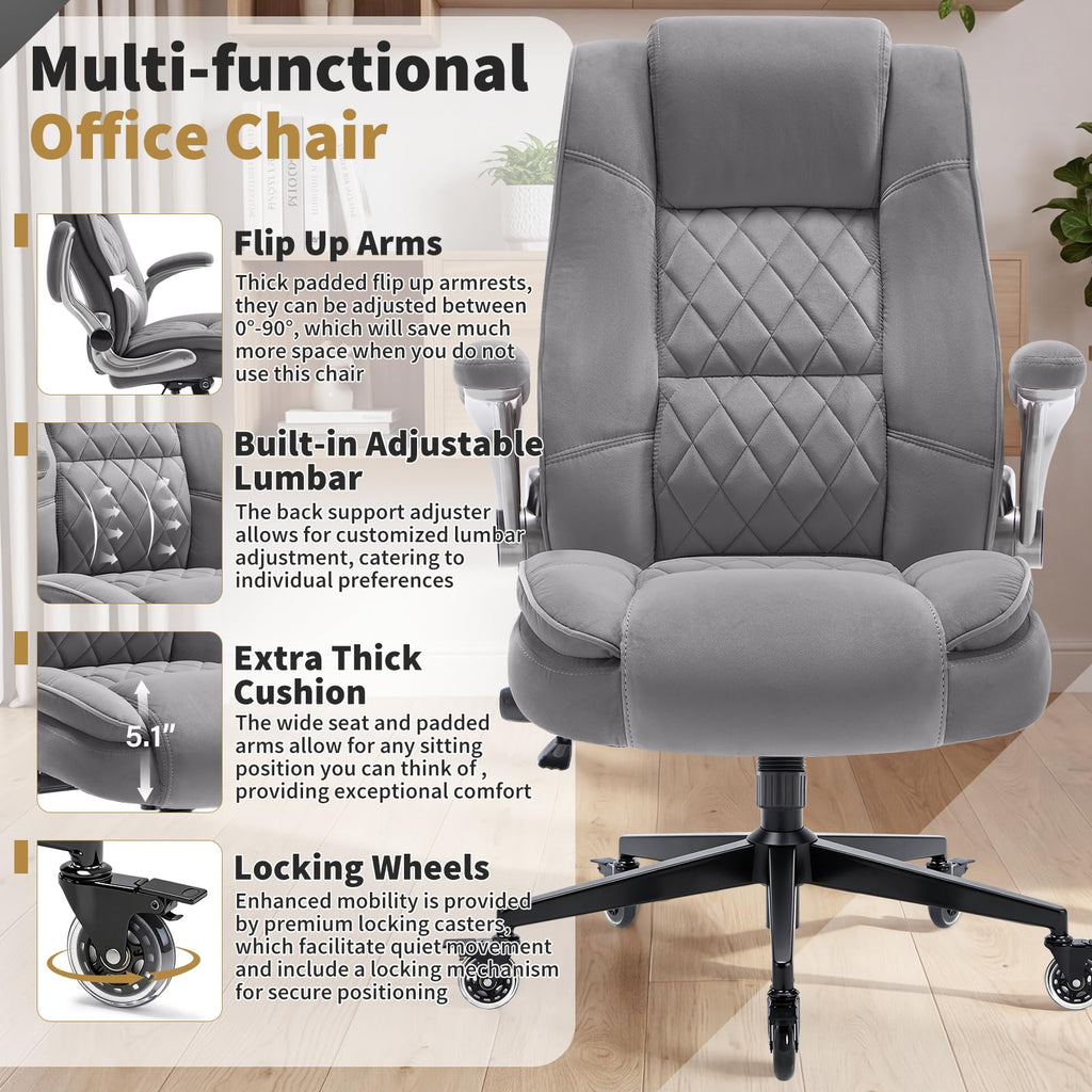 Fabric High Back Office Chair, Thick Padded Ergonomic Computer Desk Chair, Large, Grey