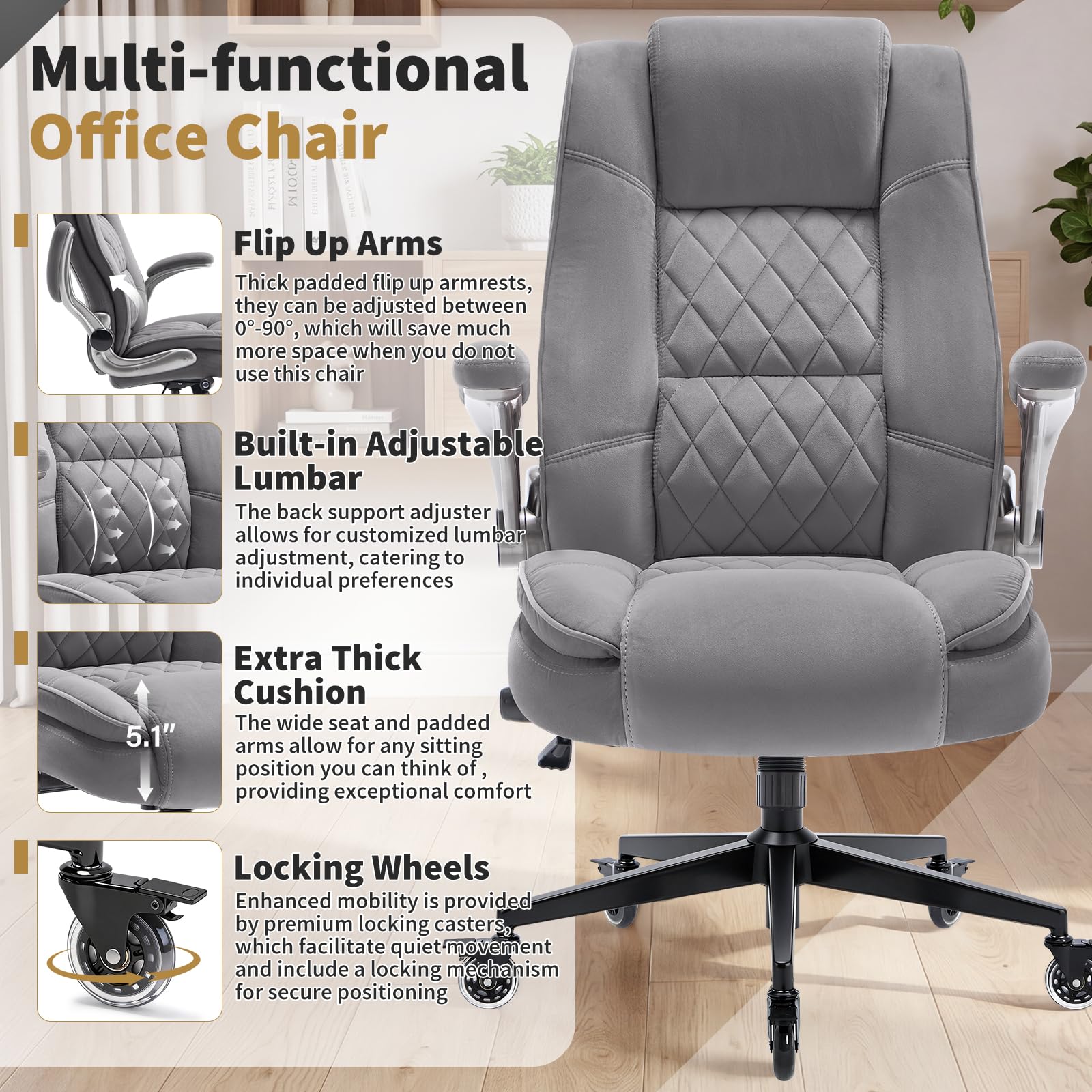 Fabric High Back Office Chair, Thick Padded Ergonomic Computer Desk Chair, Large, Grey