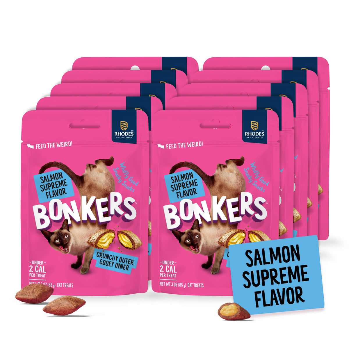 Bonkers Bites Salmon Supreme Flavor Crunchy & Soft Treats for Cats, 3oz Bag (Pack of 10)