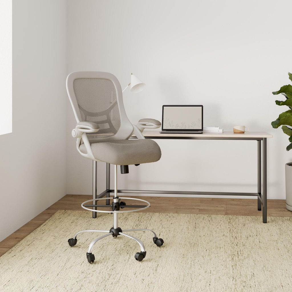 Hylone Drafting Chair, Tall Office Chair Standing Desk Stool with Adjustable Foot Ring, Flip-up Arms, Mesh High-back Drafting Table Chair,