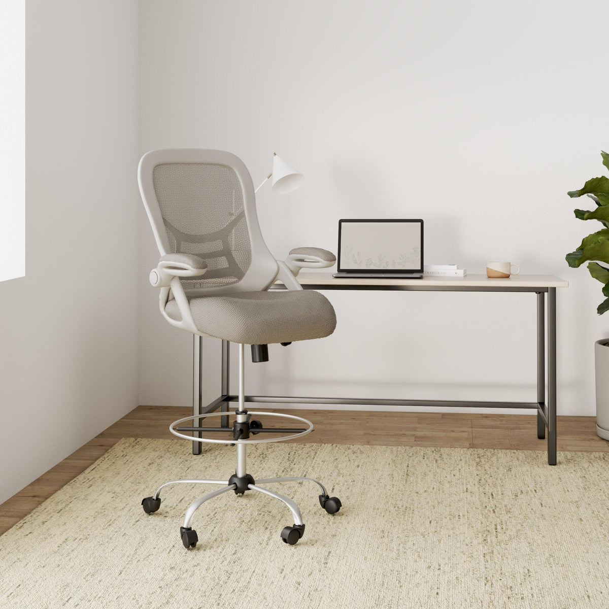 Hylone Drafting Chair, Tall Office Chair Standing Desk Stool with Adjustable Foot Ring, Flip-up Arms, Mesh High-back Drafting Table Chair,