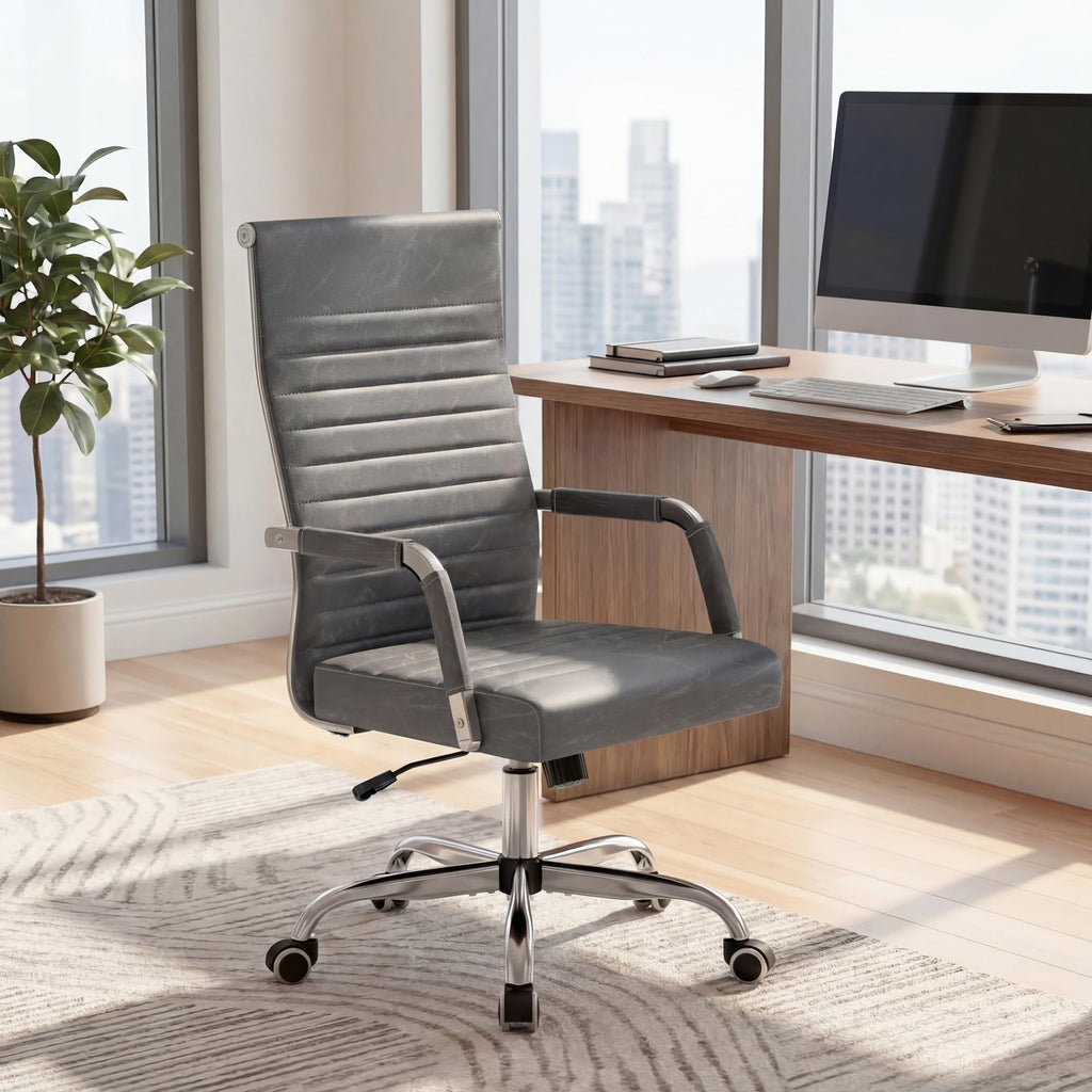Furmax Ergonomic Office Desk Chair, Executive Ribbed Mid-back Pu Leather Conference Room Chair Adjustable Swivel Chair with Arms (2, Bicolor