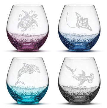 Integrity Bottles Set of 4, Sea Life Stemless Wine Glasses, Bubbly Multicolor, Made in USA, Tribal Design, Hand Etched Gifts, Sand Carved