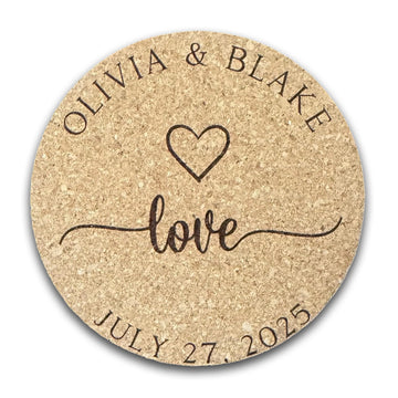 Set of 30-100 Personalized Cork Coasters | Heart Wedding Coaster Favors | Custom Engraved Cork Coaster Set | CC105
