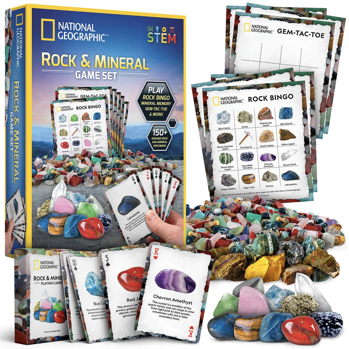 National Geographic Rock Bingo Game - Play Rock Bingo, Mineral Memory, Gemstone Trivia, & Card Games, Collection Includes Over 150 Rocks and Minerals, Educational STEM Toy for Kids (Fanci Exclusive)