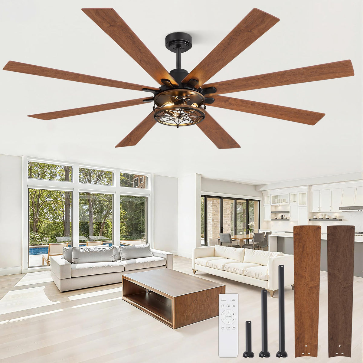 72 Inch Ceiling Fans with Lights, Farmhouse Ceiling Fan with Lights and Remote, Dual Finish 8 Blades Black Caged Rustic Ceiling Fans with 6 Speed Reversible Motor for Indoor/Covered Outdoor