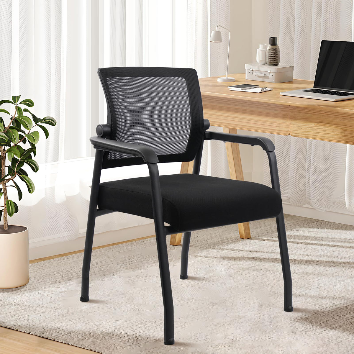 Klasika Desk Chair No Wheels with Adjustable Mesh Backrest, Arm Chair with Ergonomic Lumbar Support and Thickened Seats Cushion, Waiting Room