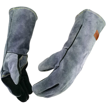 WZQH 16 Inches,932?,Leather Welding Gloves, Heat/Fire Resistant,Large Mitts for BBQ,Oven,Grill,Fireplace,Tig,Mig,Forge,Baking,Furnace,Stove,Pot Holder,Animal Handling Glove.L Black-gray