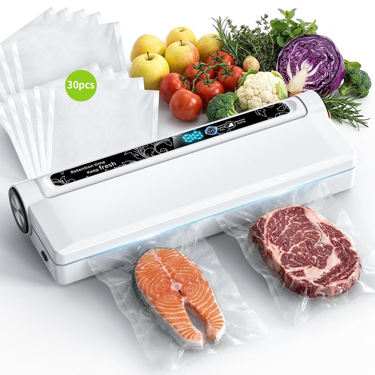 Vacuum Sealer Machine 95KPA Powerful Suction, 10s Fast Seal, Dry & Moist Modes, Compact Food Vacuum Sealer with 30 Bags Included, Automatic Food Saver for Meal Prep, Sous Vide & Kitchen Storage