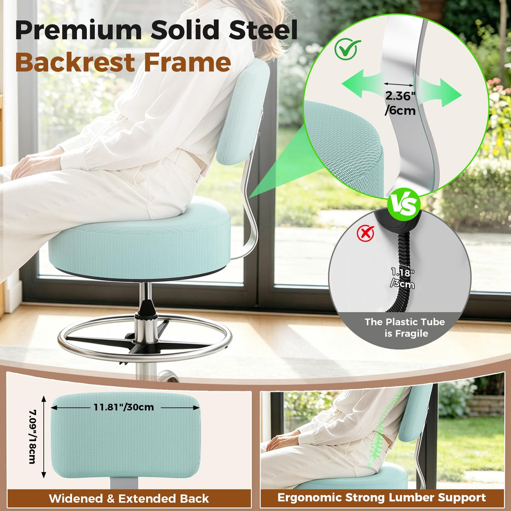 Office Drafting Chair with Footrest, Tall Height Adjustable Stool with Back Support, Heavy Duty Rolling Stool Chair with Wheels for Office Home